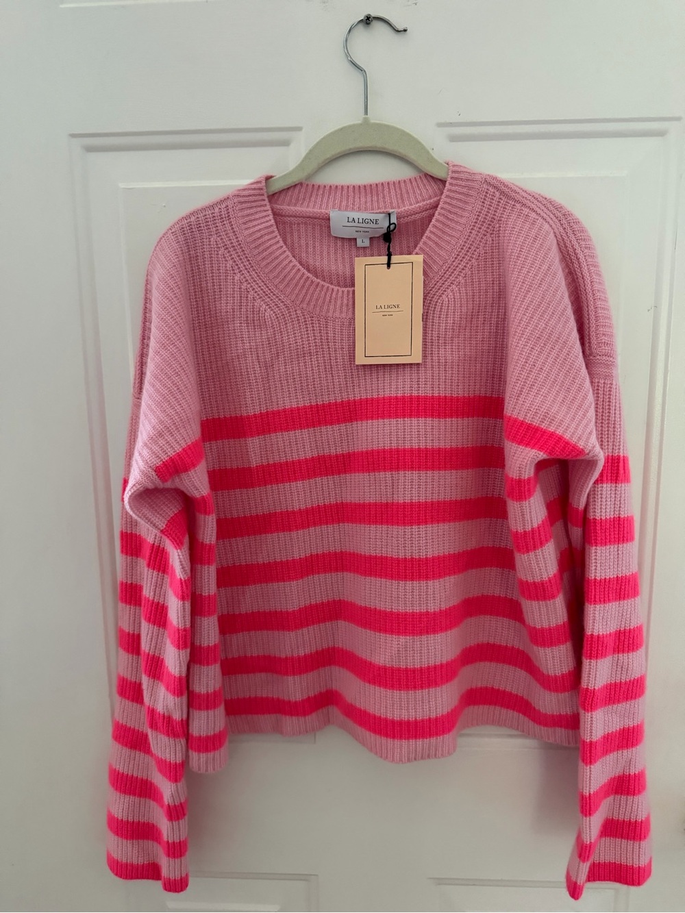 La Ligne Pink & Hot Pink Striped Crewneck Sweater 100% cashmere